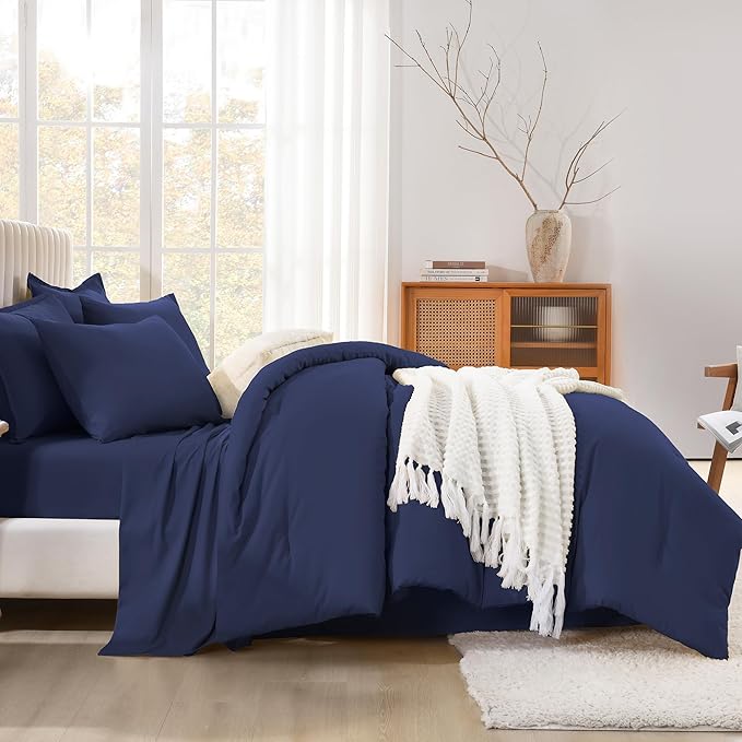 Litanika Oversized King Comforter Sets Navy Blue - 7 Pieces Bed in a Bag Oversized King Bedding Comforter Sets, Solid Lightweight Bed Set with Comforter, Sheets, Pillowcases & Shams