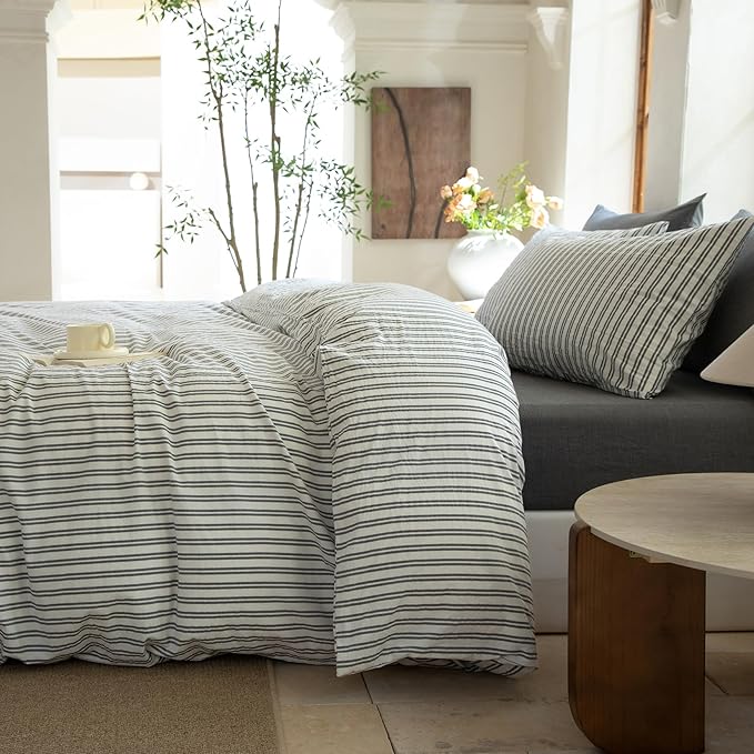 Striped Duvet Cover Set,100% Washed Cotton Line Like Breathable Trendy Bedding Set(Strip-White/Black,Full)