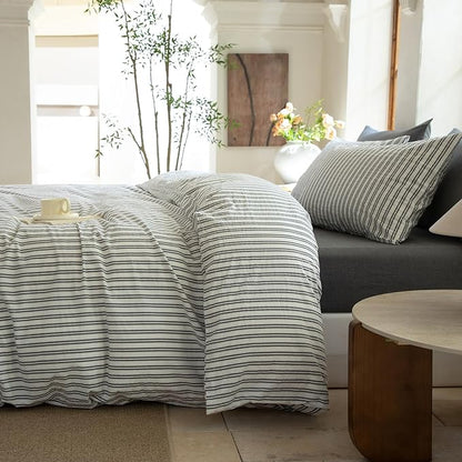 Striped Duvet Cover Set,100% Washed Cotton Line Like Breathable Trendy Bedding Set(Strip-White/Black,Full)