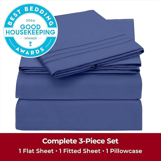 Mellanni Twin Sheets Set - 3 PC Iconic Collection Bedding - Hotel Luxury, Extra Soft, Cooling Bed Sheets - Wrinkle, Fade, Stain Resistant (Twin, Blue Nova)