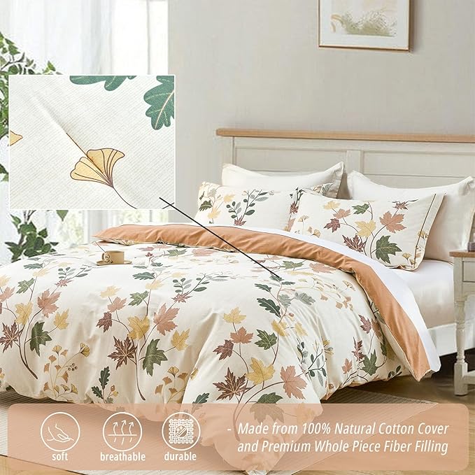 Botanical Cotton Comforter King Size - Luxurious Design with Maple Leaves and Branches on Beige, Textured Maple Orange Back, 3PC Lightweight Bedding Set with Ultra-Soft Alternative Fill