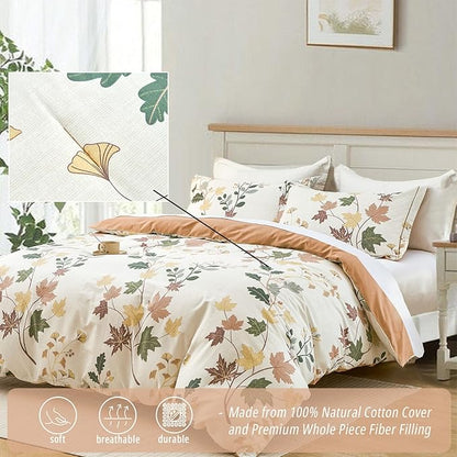 Botanical Cotton Comforter Queen Size - Luxurious Design with Maple Leaves and Branches on Beige, Textured Maple Orange Back, 3PC Lightweight Bedding Set with Ultra-Soft Alternative Fill