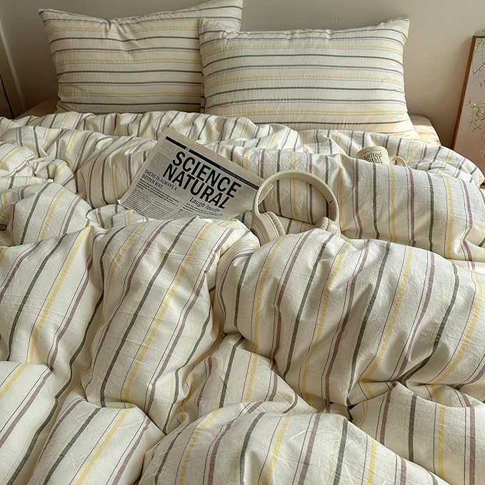 EAVD Vintage Colorful Striped Comforter Set King Soft Cotton 3-Piece Retro Vertical Striped Bedding Set with 2 Pillowcases Boho Geometric Comforter Set for All-Season(Green&Yellow&Brown, King)
