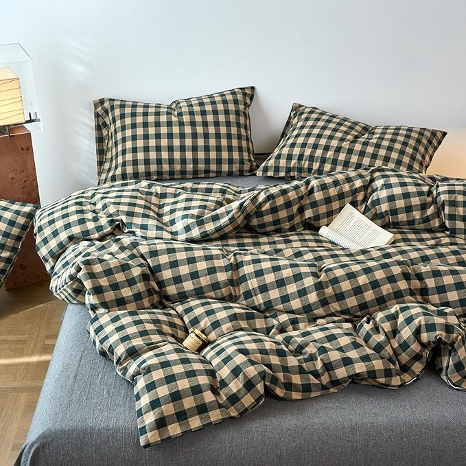 EAVD Vintage Style Beige&Green Plaid Duvet Cover Set Full 100% Washed Cotton Like Linen Feel Soft Grid Checkered Bedding Set with 2 Pillowcases Farmhouse Geometric Pattern Duvet Cover with Zipper
