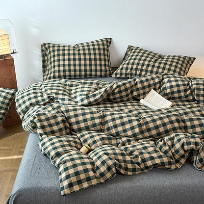 EAVD Vintage Style Beige&Green Plaid Duvet Cover Set Full 100% Washed Cotton Like Linen Feel Soft Grid Checkered Bedding Set with 2 Pillowcases Farmhouse Geometric Pattern Duvet Cover with Zipper