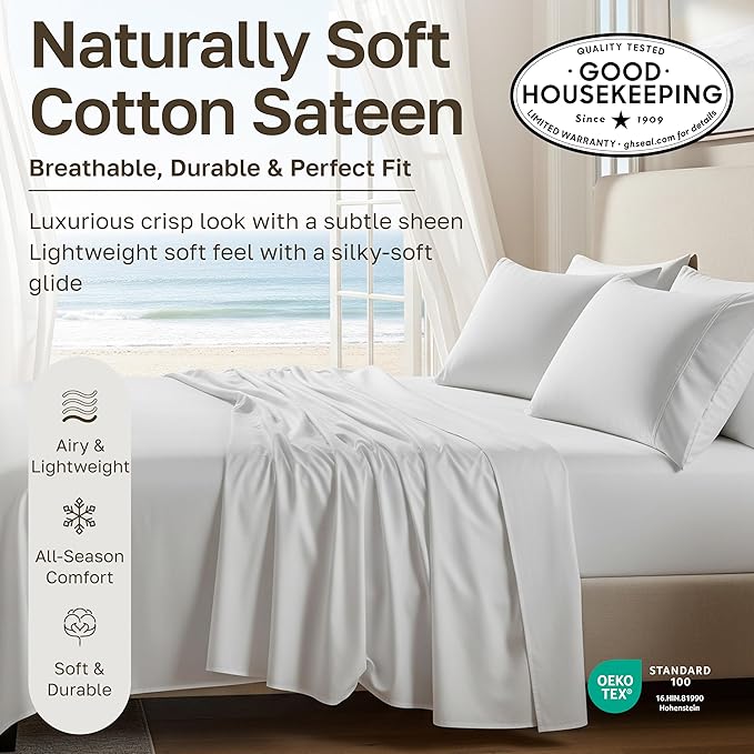 California Design Den Natural 100% Cotton Sheets Twin XL Size Set - Soft Sateen Weave, Twin XL Sheets with 12" Pockets, Breathable and Durable Bedding for Dorm Rooms, College (Light Grey)
