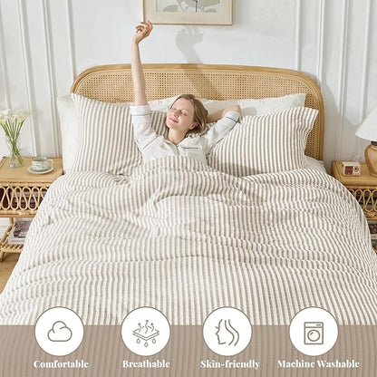 MILDLY Jacquard Stripe Duvet Cover - 100% Washed Cotton Light Khaki Boho Textured Comforter Cover 3pcs with Zipper Closure 80"x90"