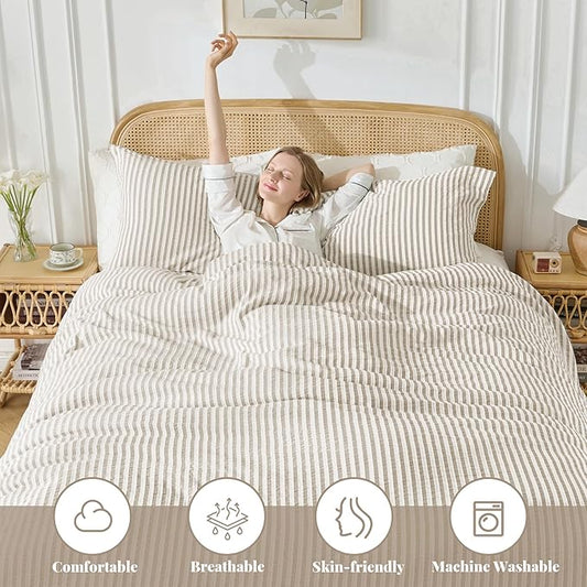 MILDLY Jacquard Stripe Duvet Cover - 100% Washed Cotton Light Khaki Boho Textured Comforter Cover 3pcs with Zipper Closure 104"x90"