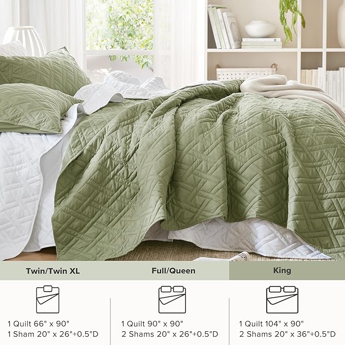 Comfort Spaces King Quilt Set Modern Reversible Diamond Coverlet King Bedding Set Cozy Quilted Winter Layer, All Season Lightweight Soft King Size Quilt, Kienna, Cal King Olive Green 3 Piece
