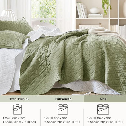 Comfort Spaces King Quilt Set Modern Reversible Diamond Coverlet King Bedding Set Cozy Quilted Winter Layer, All Season Lightweight Soft King Size Quilt, Kienna, Cal King Olive Green 3 Piece