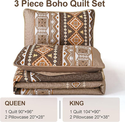 WONGS BEDDING Boho Quilt Set King Size,3 Pieces Brown Geometry Printed Bedspread Coverlet Set,Lightweight Microfiber Bedding Set with 2 Pillowcases,104"×90"