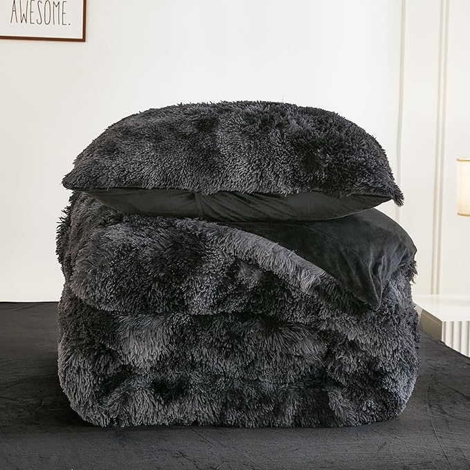 Andency Tie-Dyed Black Grey Comforter King Size, 3 Pieces Fluffy Faux Fur Warm Soft Fuzzy Plush Bedding Comforter Set, Thick Heavy Puffy Comfy Bedding Sets