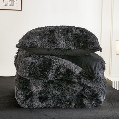 Andency Tie-Dyed Black Grey Comforter King Size, 3 Pieces Fluffy Faux Fur Warm Soft Fuzzy Plush Bedding Comforter Set, Thick Heavy Puffy Comfy Bedding Sets