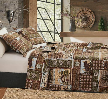 Moose Bear Quilt Set Full/Queen Size Rustic Cabin Bedding Set Reversible Quilts Home Lodge Bedspread Coverlet Wildlife Bears Pine Tree Bedding Woodland Plaid Patchwork Quilted Bed Spread Country Decor
