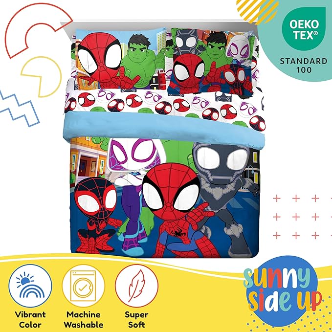 Sunny Side Up Marvel Spidey & His Amazing Friends Full Comforter Set - 7 Piece Kids Bedding Includes Comforter, Sheets & Pillow Cover - Super Soft Superheroes Microfiber Bed Set
