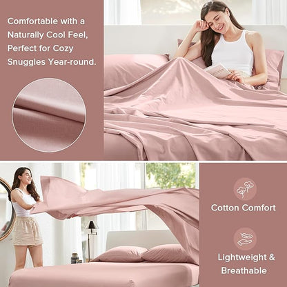 Comfort Spaces 100% Cotton Sheets Queen, Breathable & Ultra Soft Cotton Sheets, Naturally Cool Cotton Bed Sheets with 14" Elastic Pocket Fits up to 16" Mattress, All Seasons Sheet Set, Pink 4 Piece