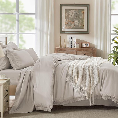 Andency Queen Comforter Set with Sheets Heather Grey - 7 Pieces Boho Tassel Bed in a Bag Soft Lightweight Bedding Sets, Fringe Bed Set with Comforter, Sheets, Pillowcases & Shams