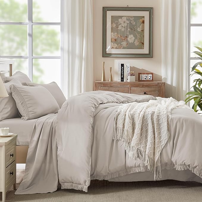 Andency King Size Comforter Set with Sheets Heather Grey - 7 Pieces Bed in a Bag Boho Soft Lightweight Bedding Sets, Tassel Bed Set with Comforter, Sheets, Pillowcases & Shams