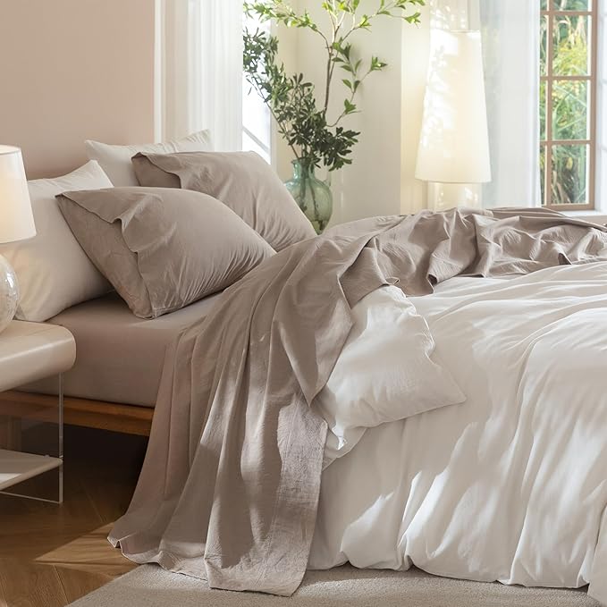 JIYUAN Queen Size Sheet Set, 4-Piece - 100% Washed Cotton, Linen-Like Soft & Breathable, Includes Deep Pocket Fitted & Flat Sheet with 2 Pillowcases, Hotel Quality, Heathered Warm Taupe