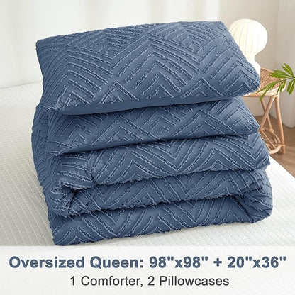 Litanika Oversized Queen Comforter Ocean Blue, 3 Pieces Tufted Boho Farmhouse Bedding Comforter Set, Lightweight Fluffy All Season Comforter Set (98x98In Comforter & 2 Pillowcases)