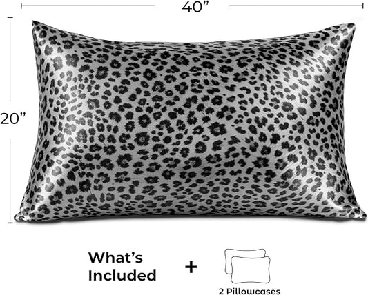 Pure Bedding Satin Pillowcase 2 Pack - King Size (20"x40", Silver Leopard) - Silky Pillow Cases for Hair and Skin - Satin Pillow Covers with Envelope Closure - Extra Soft Premium Microfiber