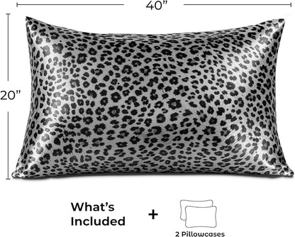 Pure Bedding Satin Pillowcase 2 Pack - King Size (20"x40", Silver Leopard) - Silky Pillow Cases for Hair and Skin - Satin Pillow Covers with Envelope Closure - Extra Soft Premium Microfiber
