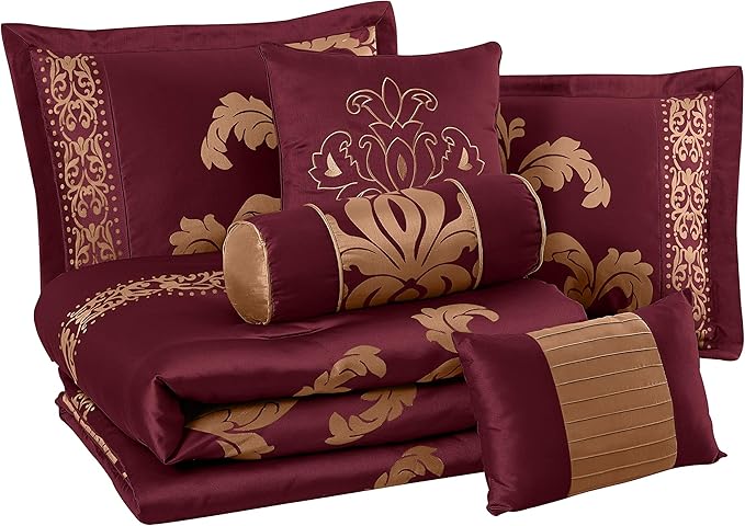 Chezmoi Collection Royale 7-Piece Jacquard Floral Comforter Set, Oversized King, Maroon/Gold