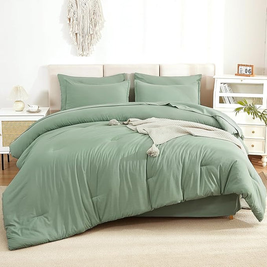 Litanika Comforter California King Size Set Sage Green - 7 Pieces Bed in a Bag California King Bedding Comforter Sets, Plain Lightweight Bed Set with Comforter, Sheets, Pillowcases & Shams