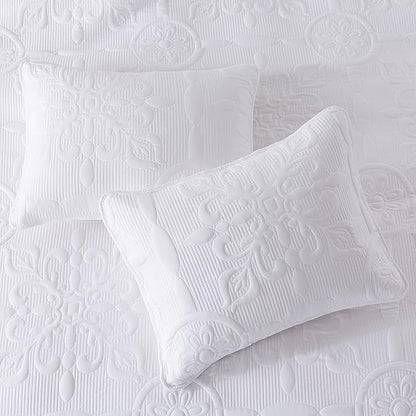 White Damask Quilt California Cal King Size Bedding Sets with 2 Pillow Shams, Oversized Boho Bedspread Lightweight Soft Farmhouse Vintage Coverlet Jacquard Pattern Bed Cover for All Season, 3 Pieces