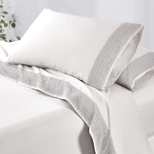 Modern Threads 4 Piece Microfiber Sheet Set – Soft Cooling Bed Sheets with Crochet Lace – Deep Pocket, Wrinkle Free, Breathable, Hotel Luxury Bedding, White, King
