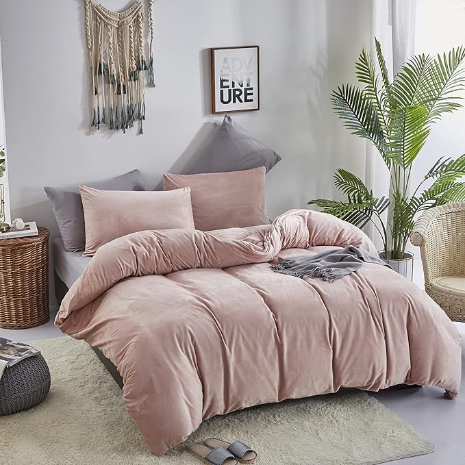 Luxlovery Pink Velvet Comforter Set Twin Lake Pink Flannel Plush Bedding Comforter Set Winter Thick Warm Solid Haze Pink Quilts Blanket Soft Heavyweight Comforter Set For Twin Bed