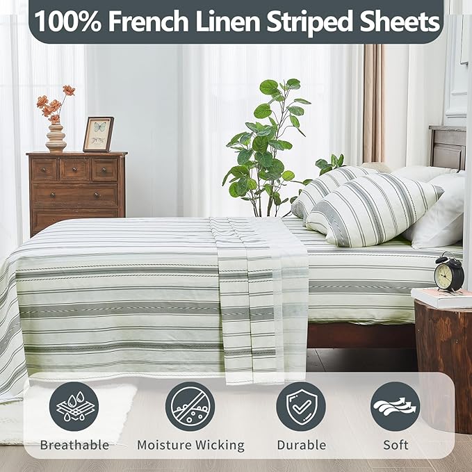100% Linen Sheets Queen Size,Breathable & Durable 4-Piece Bed Flax Stripes Sheet Set,Soft All-Season Bedding for Hot Sleepers 16" Deep Pocket Oeko-TEX Certified,（Queen, Grey Stripes）