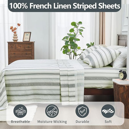 100% Linen Sheets King Size,Breathable & Durable 4-Piece Bed Flax Stripes Sheet Set,Soft All-Season Bedding for Hot Sleepers 16" Deep Pocket Oeko-TEX Certified,（King, Grey Stripes）