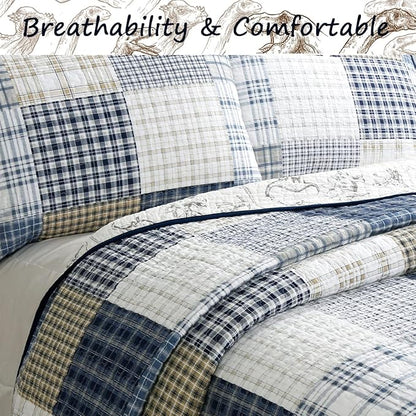 Cozy Line Home Fashions Benjamin Cute Dinosaur Plaid Navy Blue White Grey Bedding Quilt Set 100% Cotton Reversible Coverlet Bedspread Set for Kids Boy (Queen - 3 Piece)