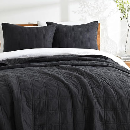 HORIMOTE HOME 100% Cotton Quilt Set Queen Size, Charcoal Pre-Washed Bedspreads Coverlet Set in Geometric Pattern, Cozy Lightweight Stitching Decorative Bedding Cover with 2 Shams for All Season