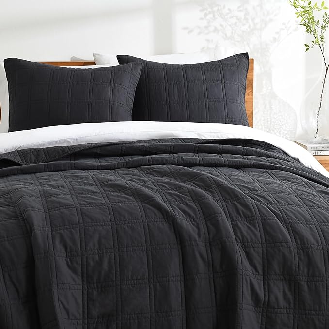 HORIMOTE HOME 100% Cotton Quilt Set Twin Size, Charcoal Pre-Washed Bedspreads Coverlet Set in Geometric Pattern, Cozy Lightweight Stitching Decorative Bedding Cover with 1 Sham for All Season