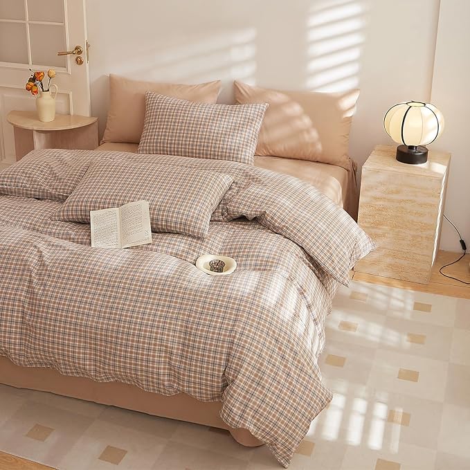 Plaid Bed Comforter Queen Washed Cotton Down Alternative Bedding Set Vintage Farmhouse Fluffy Boho Bedding Comforter Sets Neutral Soft All Season Rustic Bed Comforter with 2 Pillowcases