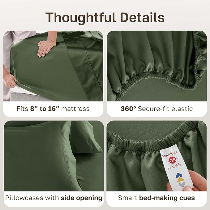 California Design Den Full Size Bed Sheets Cotton Set - Luxury 600 Thread Count 100% Cotton Sateen, Full Size Bed Sheets Set with Deep Pockets - Dark Olive Green