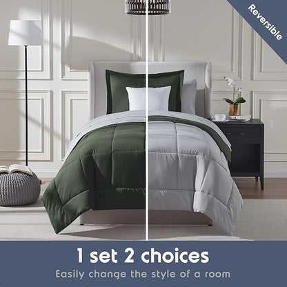 Nestl 5 Piece Twin Comforter Set – Olive Green Reversible Bed in a Bag – Complete Twin Size Bedding Set with Sheets, Pillowcase and Sham
