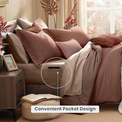 Monbix California King Comforter Set - 7 Pieces Cationic Dyeing Terracotta Bed in a Bag Cal King Bed Sets with Comforter, Sheets, Pillowcases & Shams, Reversible Bedding Comforters Sets