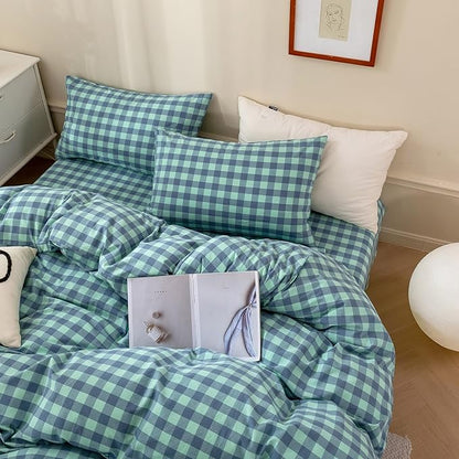 VM VOUGEMARKET Green Plaid Comforter Set Full,Washed Cotton Gingham Comforter with 2 Pillowcases for All Seasons,3 Pcs Modern Simple Grid Bedding Set for Teens