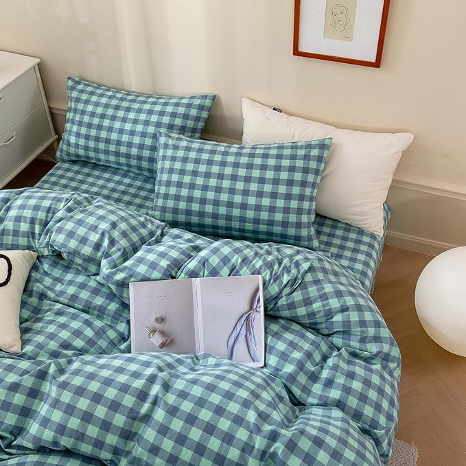 VM VOUGEMARKET Green Gingham Comforter Set Twin XL,Plaid Comforter with 2 Pillowcases for All Seasons,3 Pcs Modern Simple Grid Bedding Set for Teens Boys