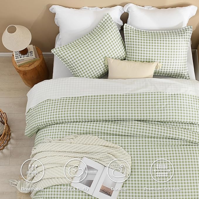 Andency Sage Checkered Comforter King(104x90Inch), Plaid Gingham Buffalo Grid Bedding Comforter Sets for Boys Kids Teens, 3 Pieces Lightweight Polyester Geometric Preppy Bed Set