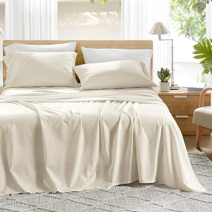 Comfort Spaces 100% Cotton Sheets Cal King, Breathable & Soft Cotton Sheets, Naturally Cool Cotton Bed Sheets with 14" Elastic Pocket Fits up to 16" Mattress, All Season Sheet Set, Ivory 4 Piece
