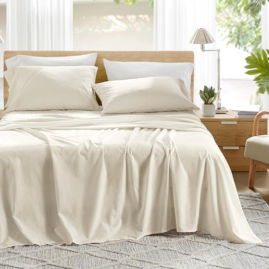 Comfort Spaces 100% Cotton Sheets Cal King, Breathable & Soft Cotton Sheets, Naturally Cool Cotton Bed Sheets with 14" Elastic Pocket Fits up to 16" Mattress, All Season Sheet Set, Ivory 4 Piece