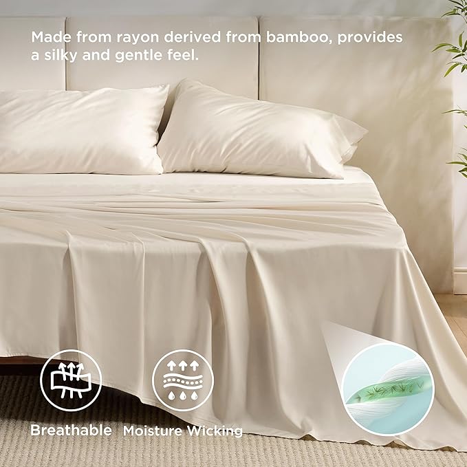 Bedsure California King Sheet Sets, Cooling Sheets, Rayon Derived from Bamboo, PureWoven, Breathable & Soft, Deep Pocket Up to 16 Inches, Hotel Luxury Silky Bedding for Hot Sleepers, Light Beige