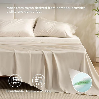 Bedsure King Size Sheets Set, Cooling Sheets for Hot Sleepers, Rayon Derived from Bamboo, PureWoven, Breathable & Soft, Deep Pocket Up to 16 Inches, Hotel Luxury Silky Bedding, Light Beige