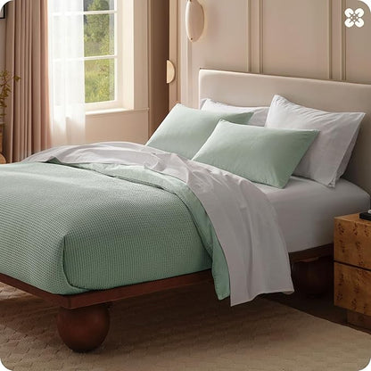 Bedsure Cotton Duvet Cover King Size - 100% Cotton Waffle Weave Sage Green Duvet Cover, PureWoven Textured Breathable Bedding Comforter Cover for All Season, 1 Duvet Cover Only 104"x90"