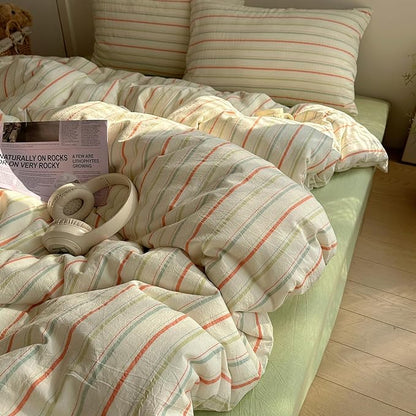 EAVD Vintage Colorful Striped Comforter Set King Soft Cotton 3-Piece Retro Vertical Striped Bedding Set with 2 Pillowcases Boho Geometric Comforter Set for All-Season(Orange&Yellow&Green, King)