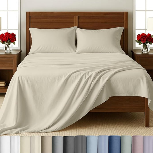 California Design Den Full Size Sheet Set - 100% Cotton, 500 Thread Count Sateen, Deep Pocket Bed Sheets with Fitted Elastic Sheet, Soft Luxury - Ivory (Creamy Beige Tone)